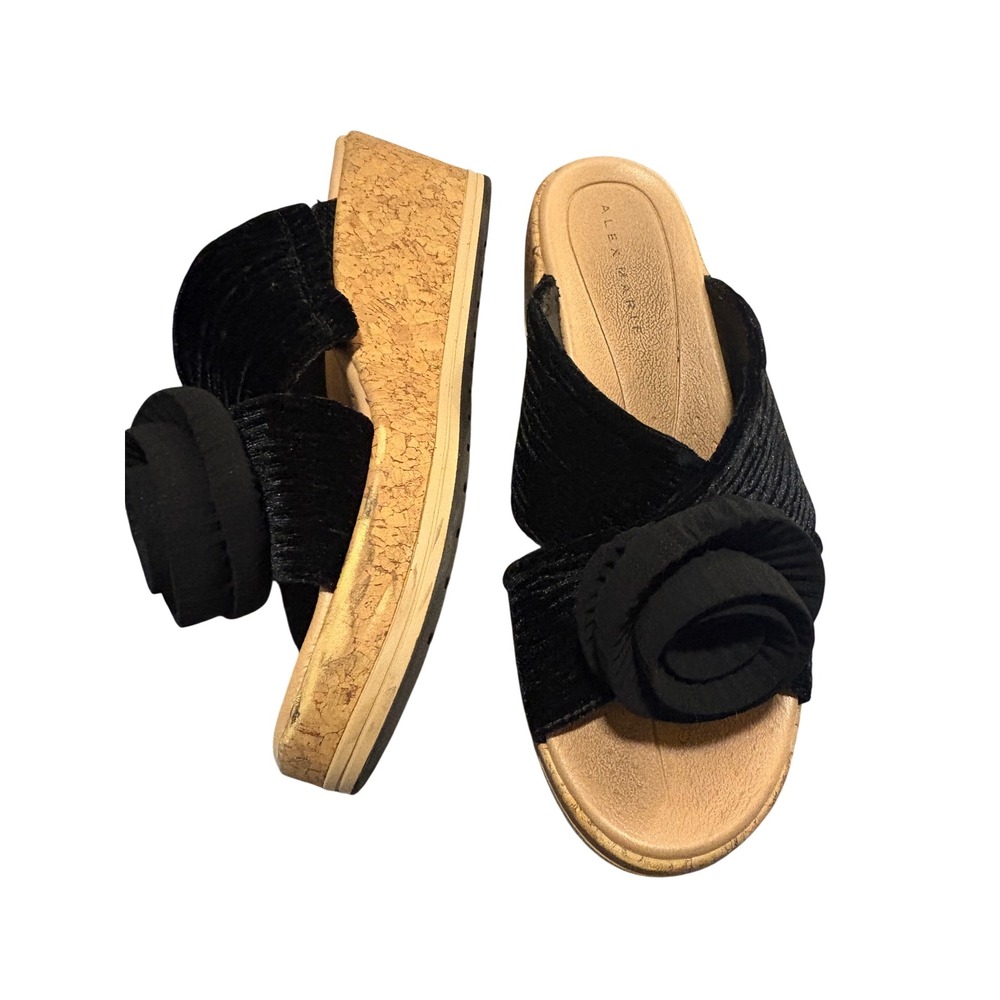 Alex Marie Black Rosette Cork Platform Wedge Slide Sandals Women 7M
